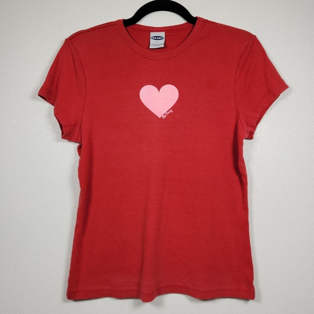 Vintage Old Navy Baby Doll Shirt y2k Heart Spellout 00s Large Red Boho Mallcore